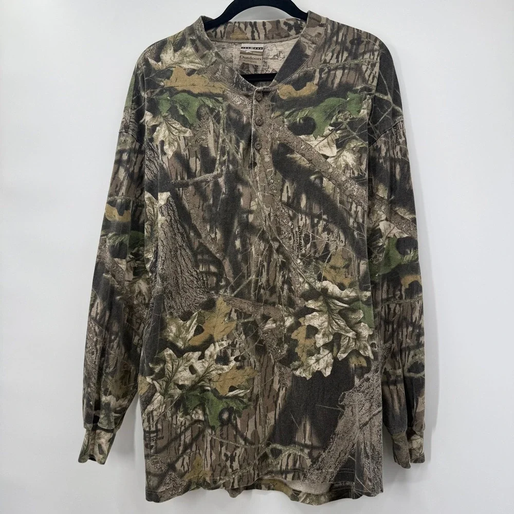 Jerzees Outdoors Mens XL Henley Shirt Camo Green Mossy Oak Break-Up Long Sleeve